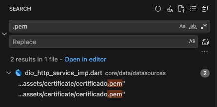 VSCode search showing .pem references in dio_http_service_imp.dart