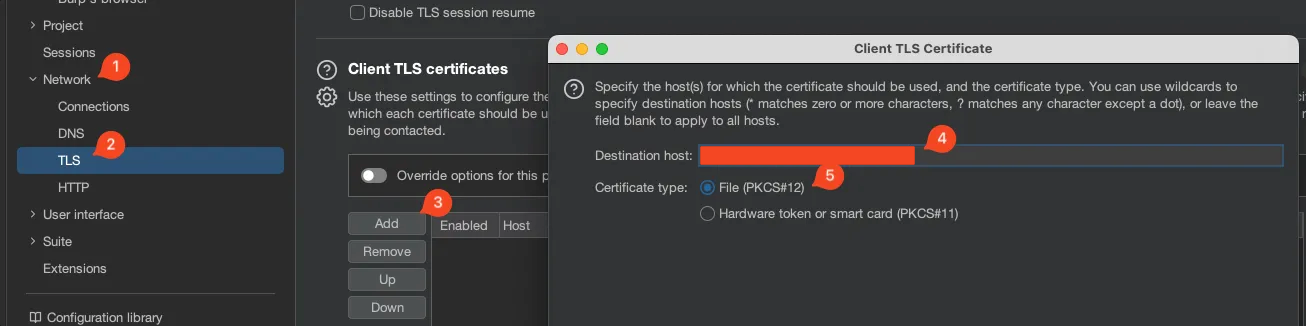 Burp Suite TLS settings — adding a new client certificate